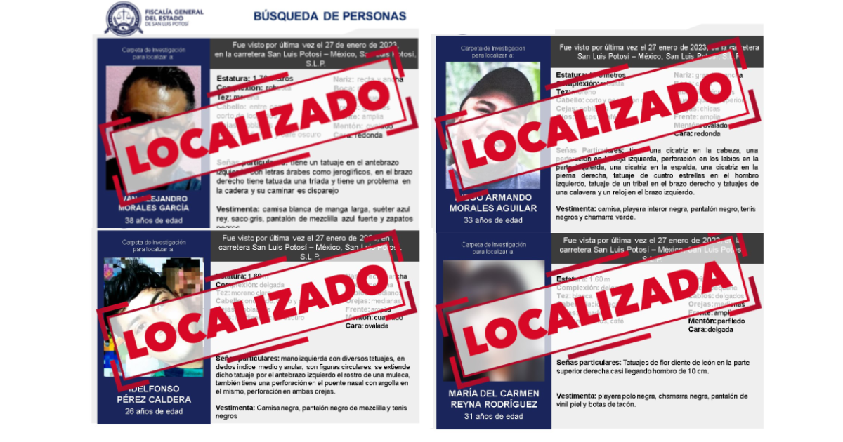 TRES HOMBRES Y UNA MUJER CON FICHAS DE BÚSQUEDA HAN SIDO LOCALIZADOS EN SLP