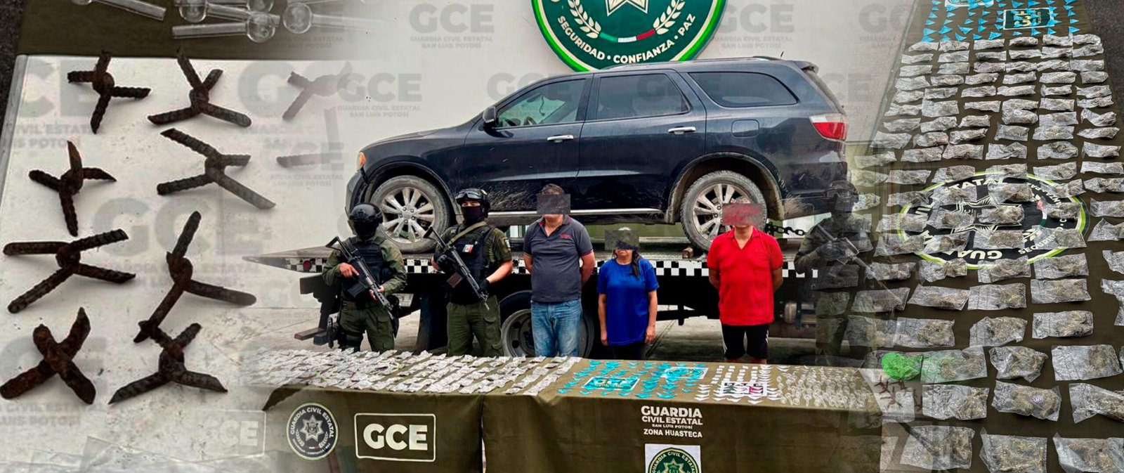 TRES DETENIDOS EN VALLES POR LA GCE; LLEVABAN DROGA Y PONCHALLANTAS